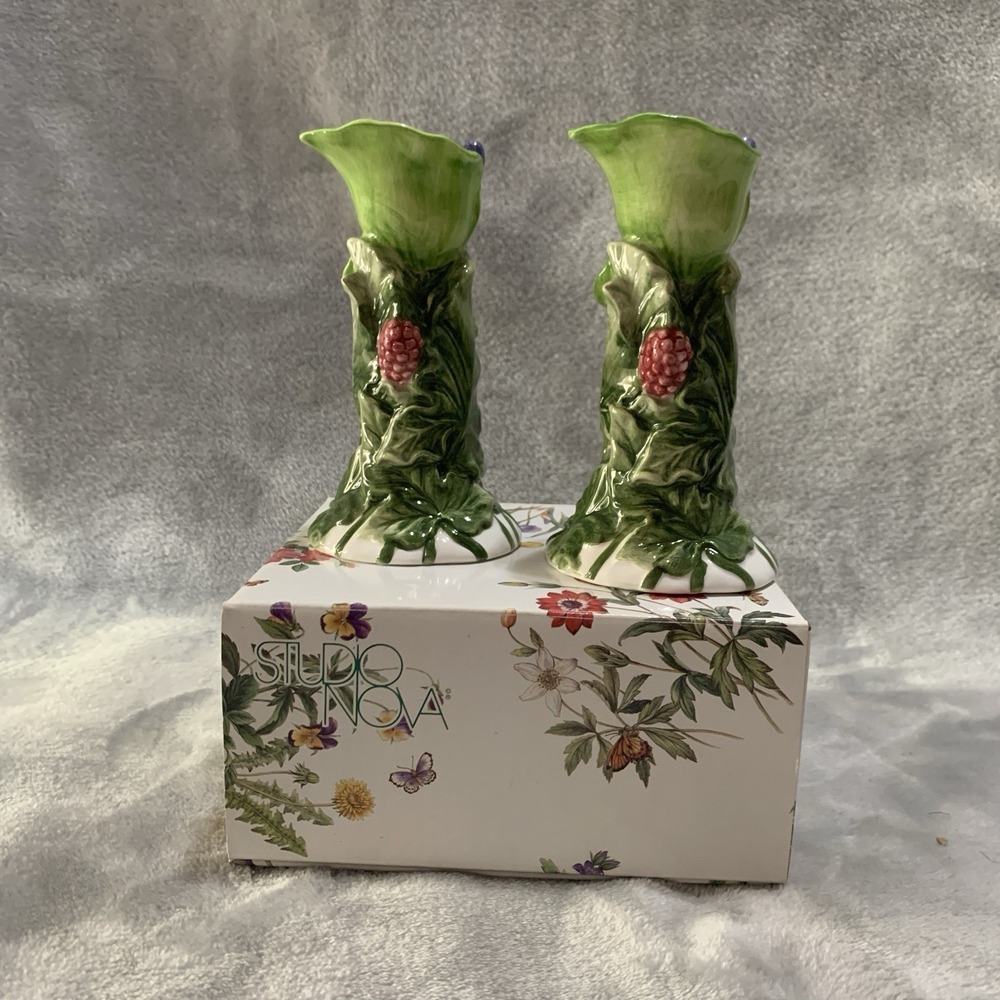 Studio Nova Garden Bloom Ceramic Candlesticks 2 Raspberry Berry Leaf Design‎